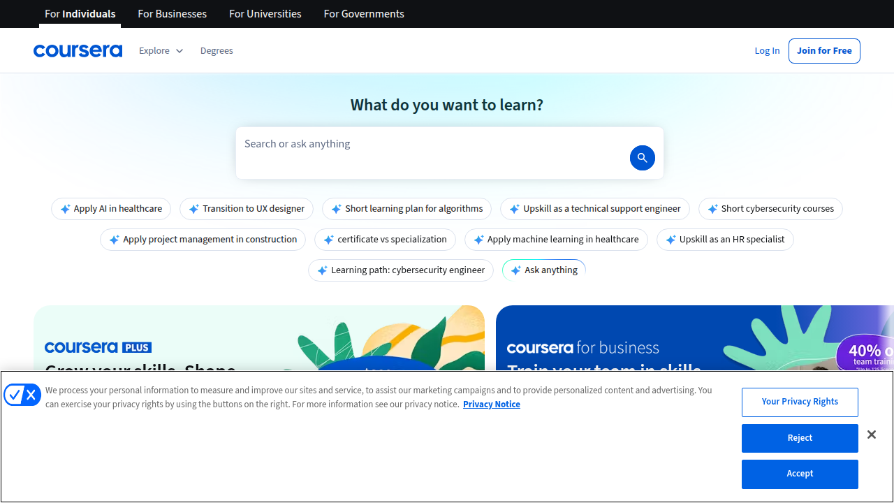 Screenshot of the Coursera.org homepage, a leading online learning platform offering courses and certifications crucial for developing in-demand IT skills.