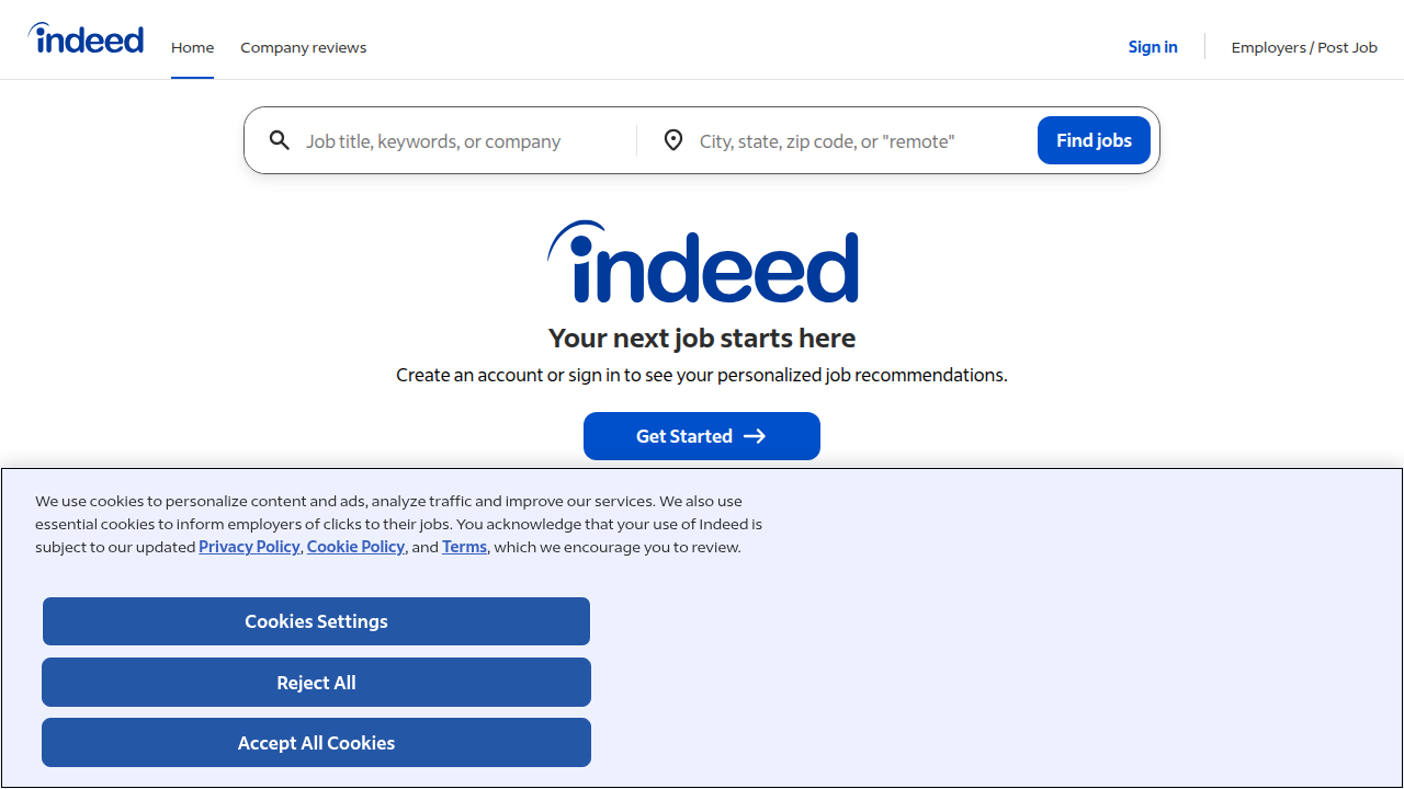 A screenshot of the Indeed.com homepage, a primary platform for job seekers to find and apply for remote IT support positions and a source for career advice.
