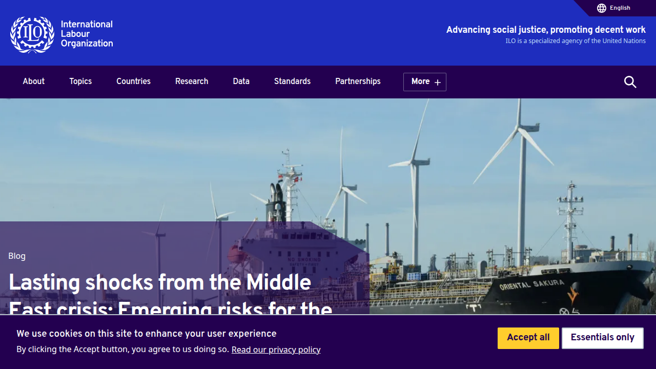 Screenshot of the International Labour Organization (ILO) homepage, a key source for global employment and social trend reports relevant to the changing job market.