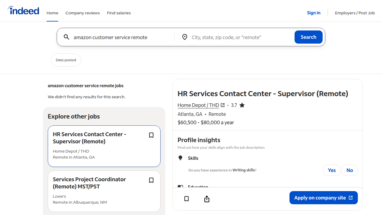 A screenshot of Indeed.com, displaying search results for 'Amazon customer service remote jobs,' highlighting a popular platform for job discovery.