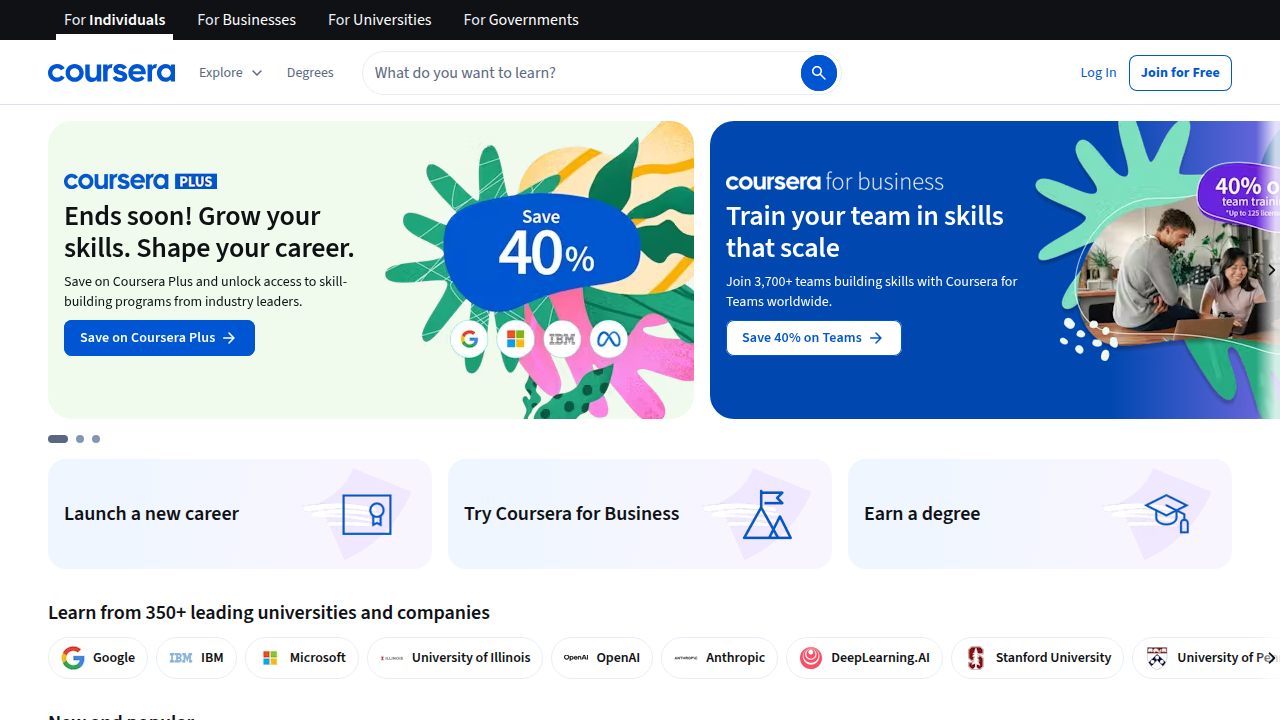 A screenshot of the Coursera homepage, representing online learning platforms offering courses to boost customer service and remote work skills.