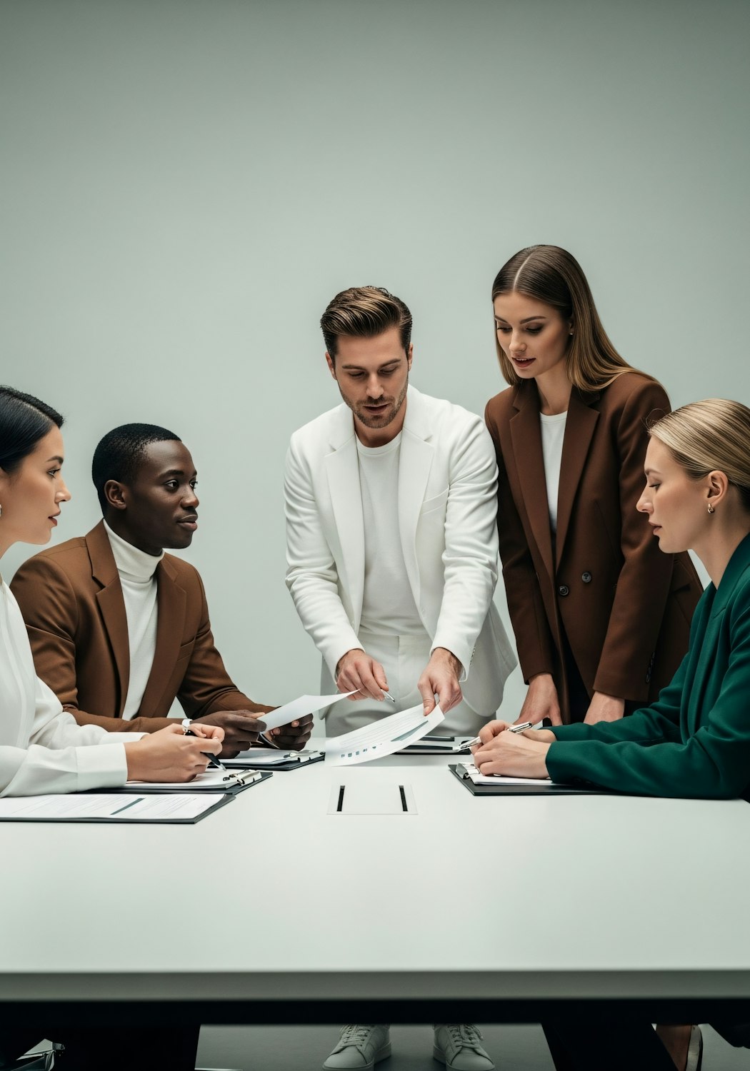 A diverse group of professionals in a modern office environment, collaborating on a project, symbolizing the partnership and relationship-building aspects of public service.