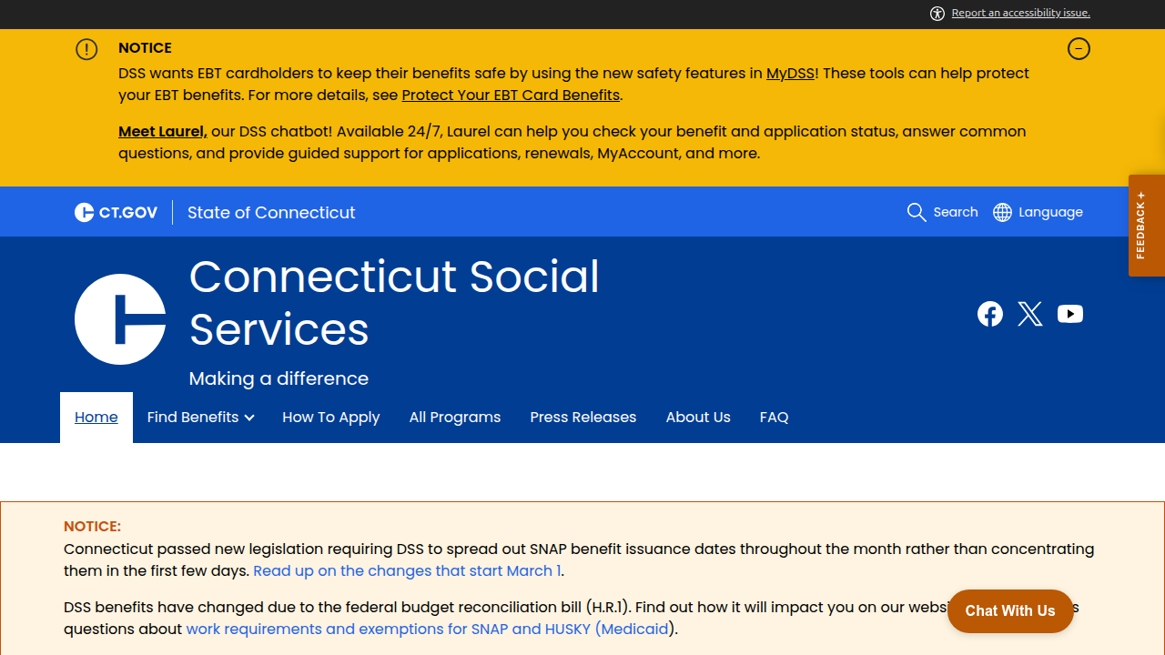 The homepage for the Connecticut Department of Social Services, representing a specific state agency that might list its own job openings.