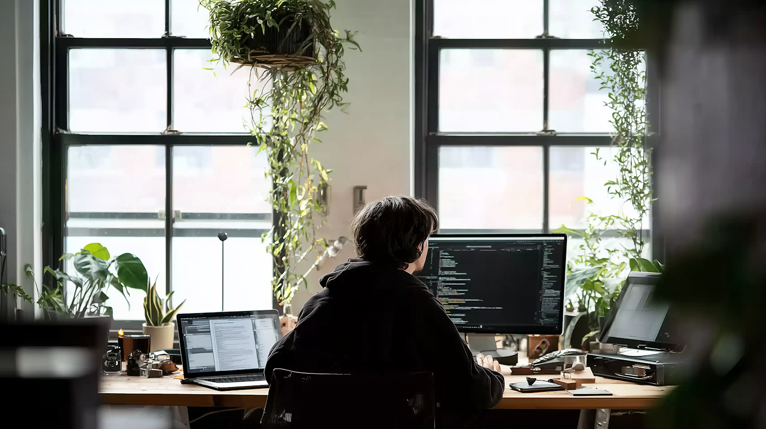 A person works remotely from a comfortable home office, symbolizing the growing trend of part-time remote employment.