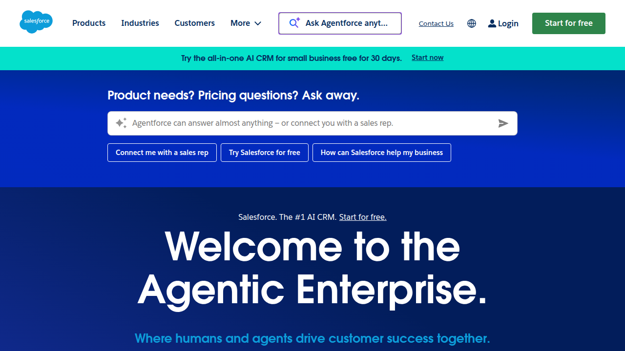 A screenshot of a leading CRM software homepage, vital for Sales Development Representatives to track customer interactions.