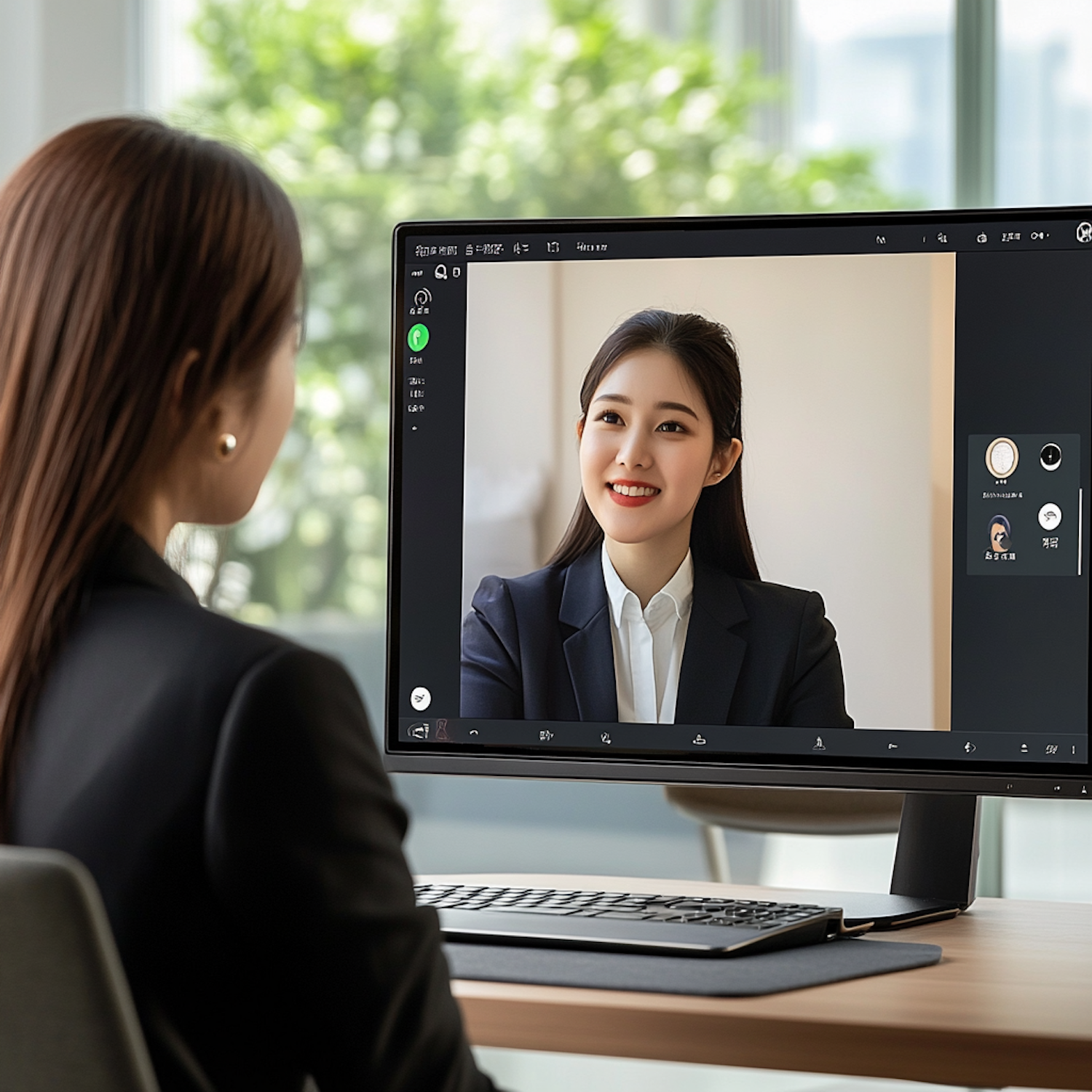A remote sales professional engages in a virtual meeting, showcasing the daily reality of client and team interactions from a home office environment.