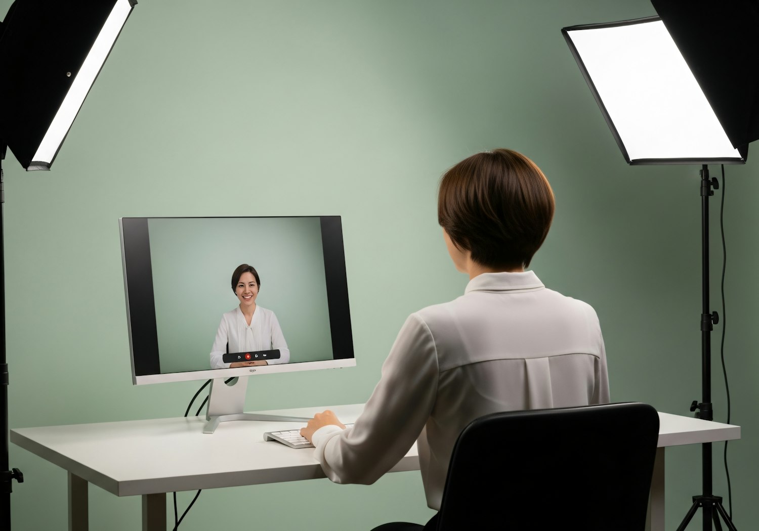 A nurse setting up their quiet, well-lit home office space, testing equipment in preparation for a professional video interview.