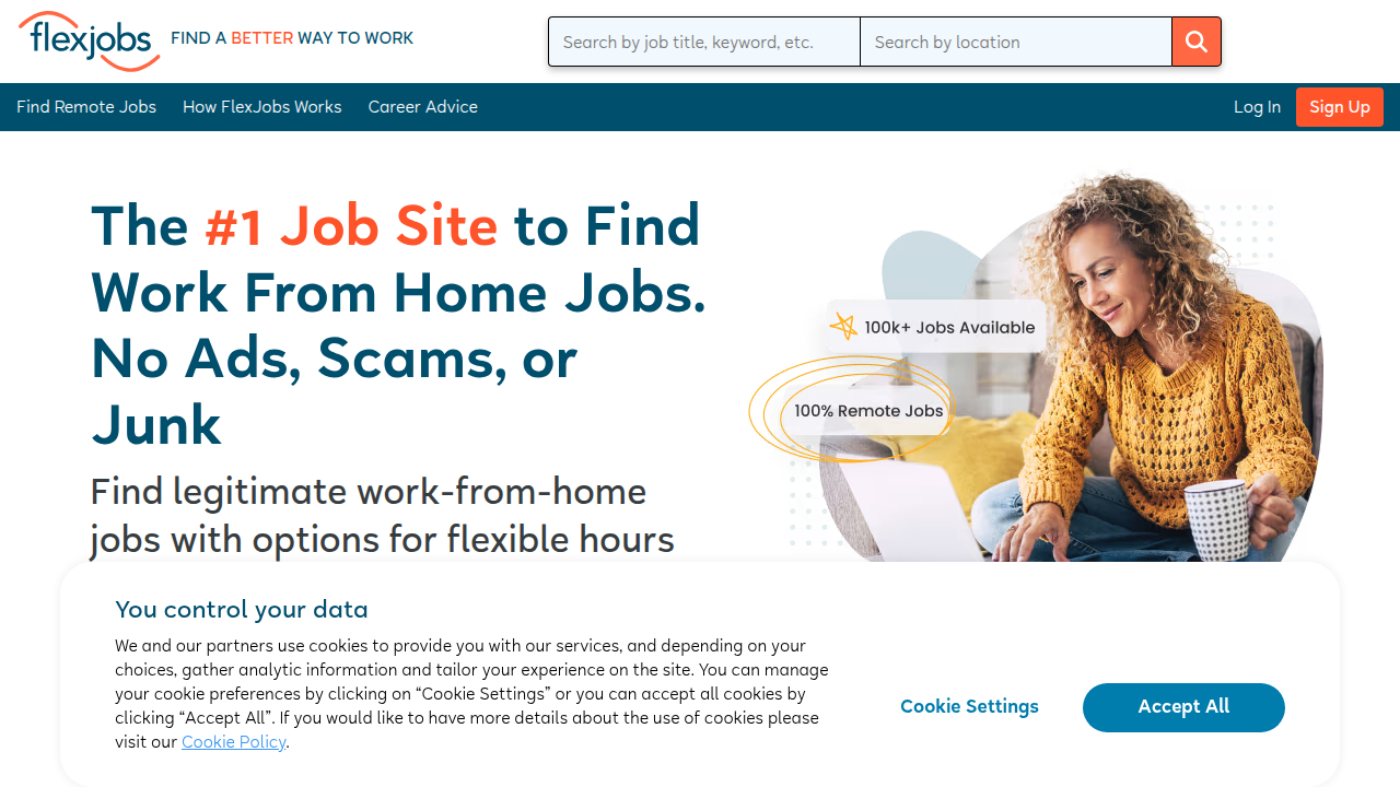 A screenshot of the FlexJobs homepage, a platform known for hand-vetted remote job listings, including nursing roles.