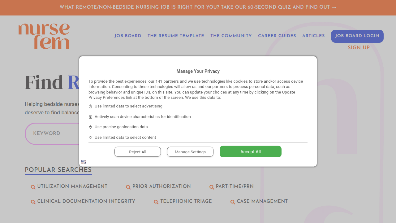 A screenshot of the Nurse Fern homepage, showcasing its specialized job board for remote nursing positions.