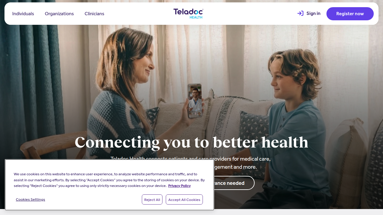 A screenshot of the Teladoc homepage, representing a prominent telehealth provider that hires remote nurses for virtual care.