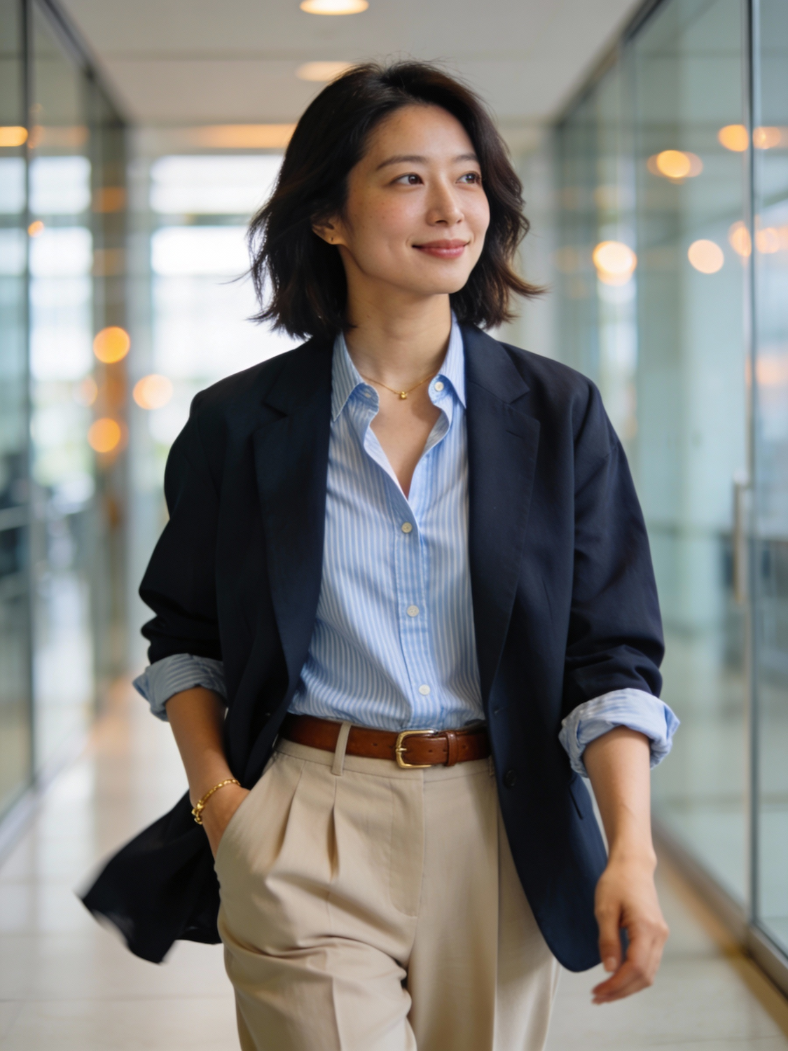 A person confidently ascends a metaphorical career ladder, symbolizing professional advancement and skill development in a remote role within government or contracting.