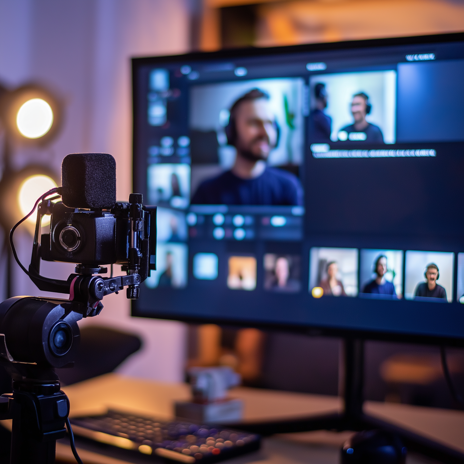 A person dressed professionally, participating in a remote video interview from a clean and well-lit home office.