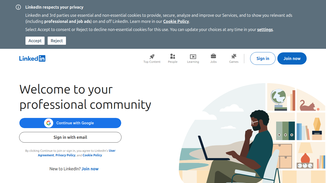 The homepage of LinkedIn, a professional networking site ideal for teens to build connections, find job opportunities, and seek mentorship.