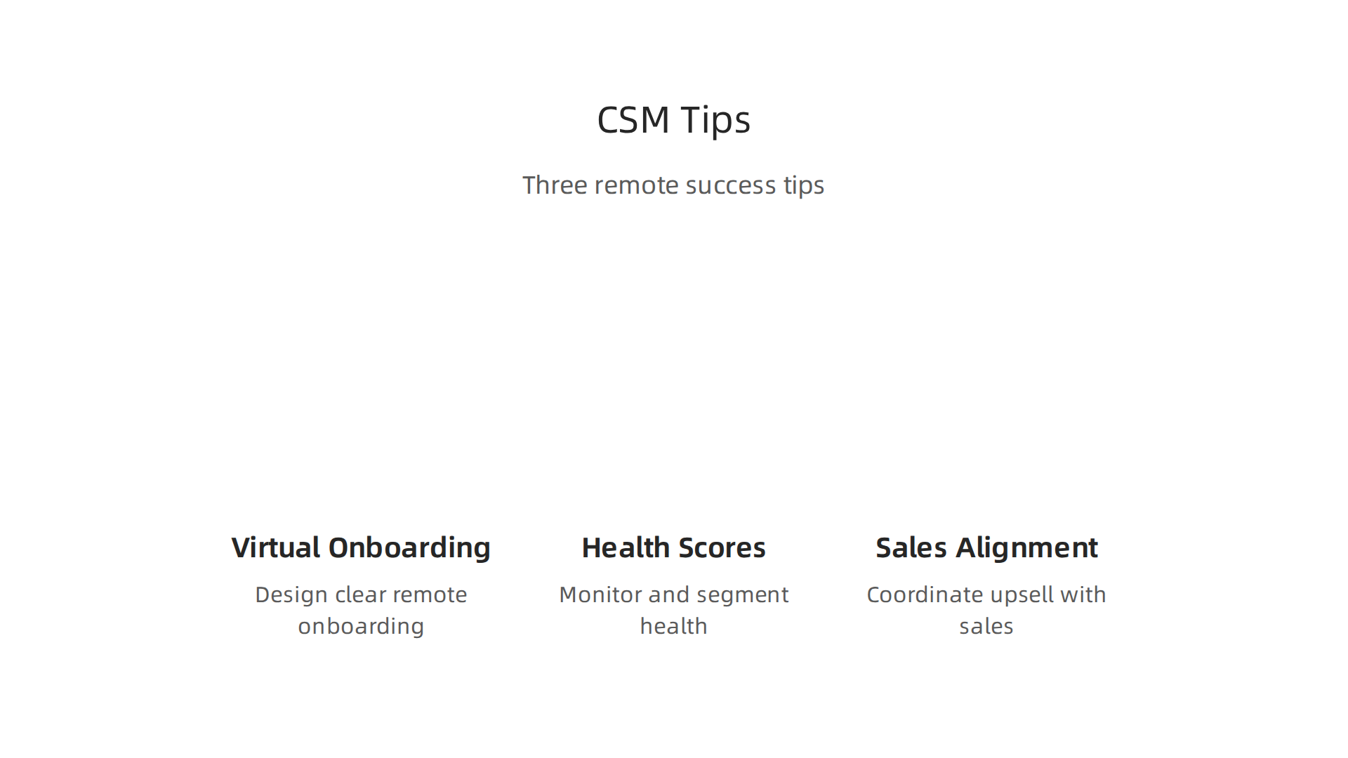 An infographic detailing three essential tips for Customer Success Managers working remotely, emphasizing virtual onboarding, health scores, and sales alignment.