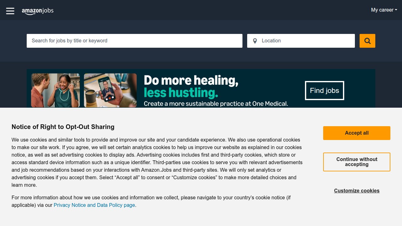 A screenshot of the official Amazon Jobs portal, showcasing the main search interface for various career opportunities.