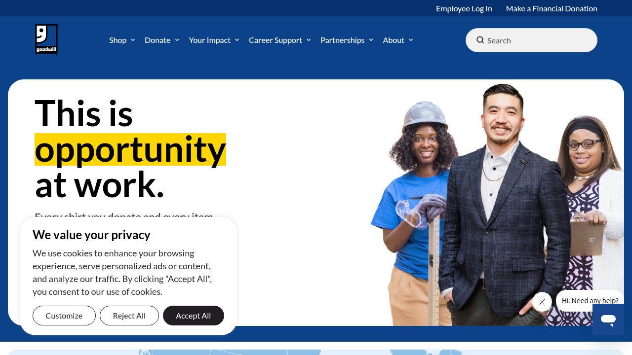 The official homepage of Goodwill, showcasing its mission and resources, which include a dedicated job board for various opportunities.