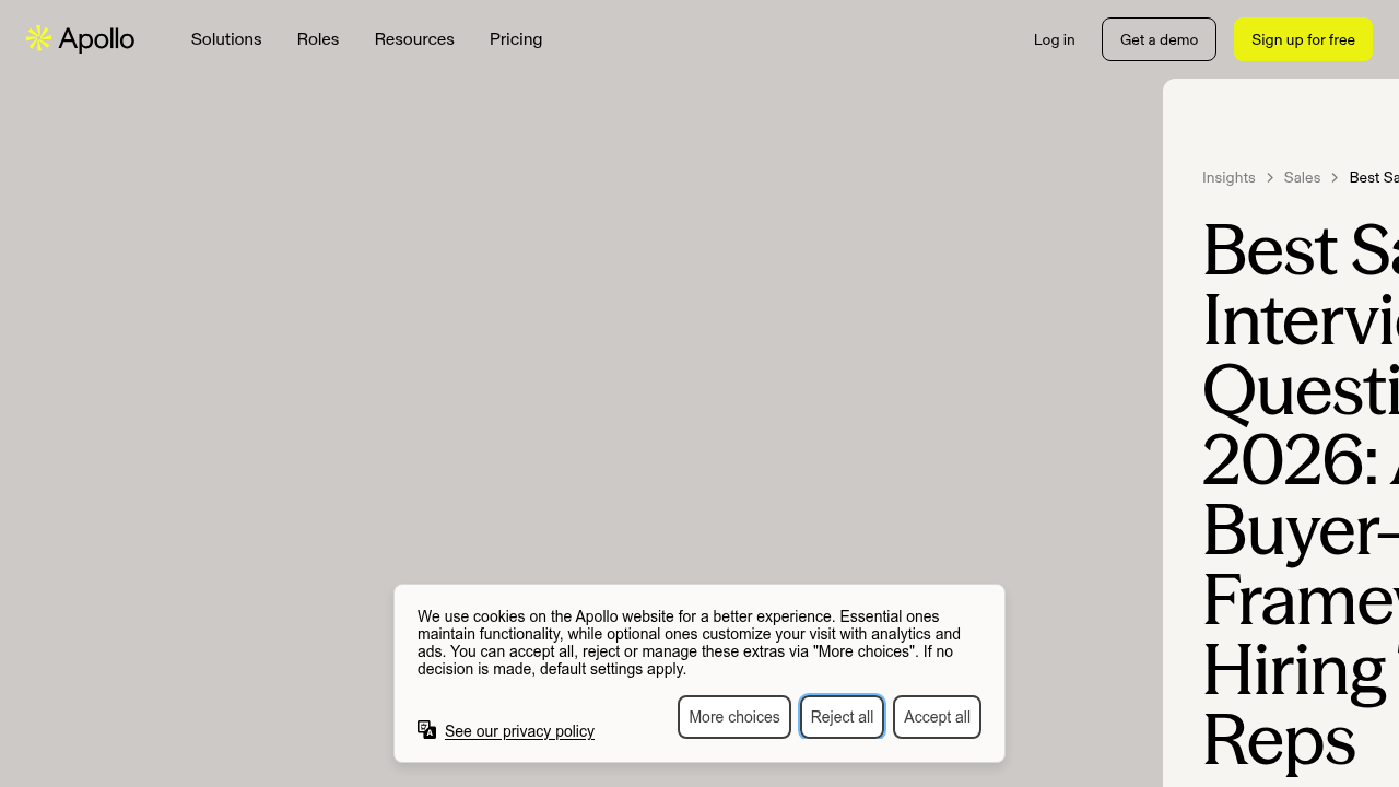 A screenshot of an Apollo.io insights page, referencing a framework for sales interview questions and skills valued in 2026 for career growth.