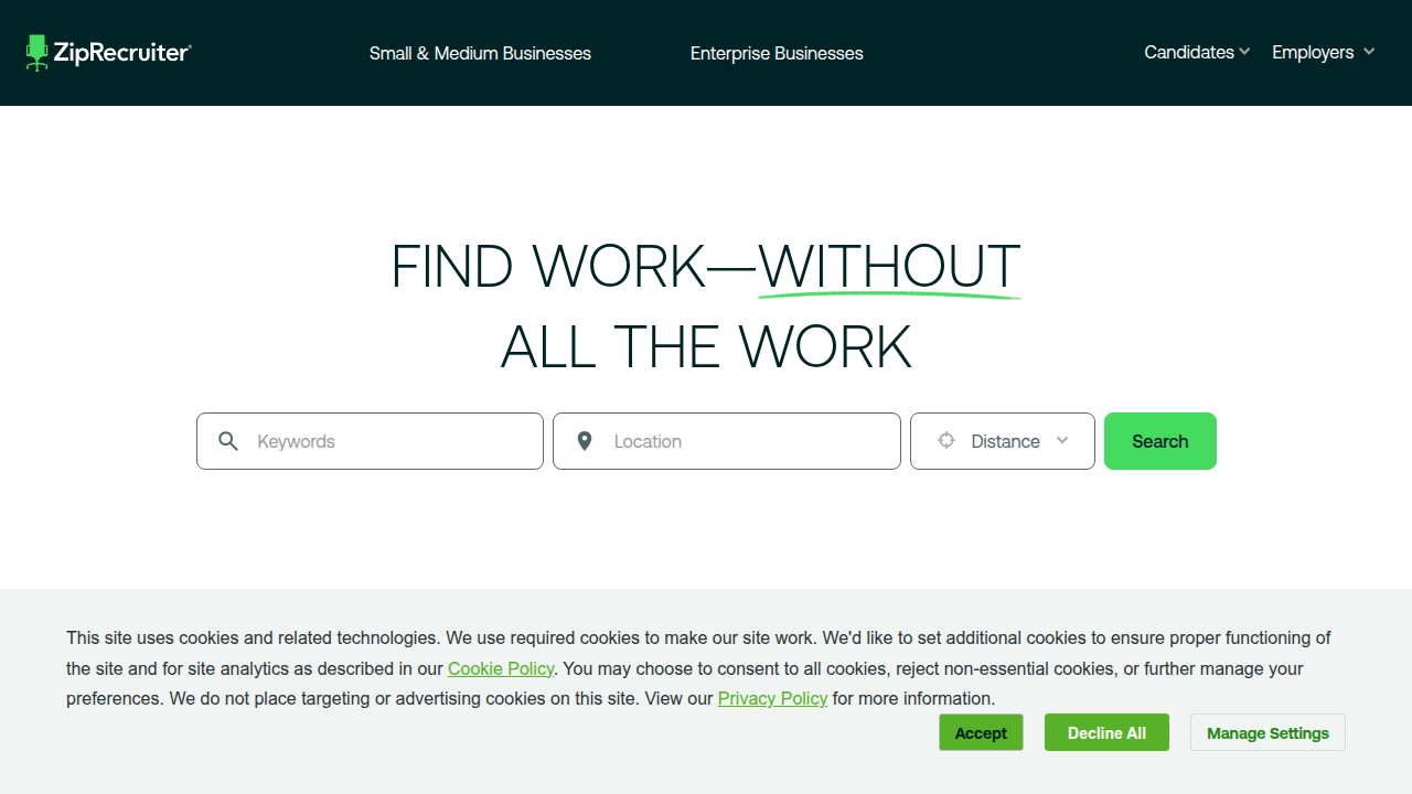 The homepage of ZipRecruiter, representing a general job board that can be used in conjunction with Goodwill for wider job search options.